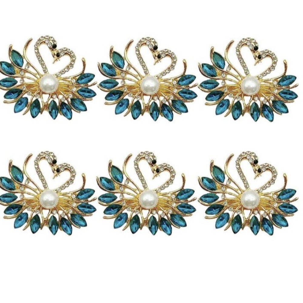 Swan Napkin Rings Set of 6, made out of Golden Metal inlay the blue Rhinestones